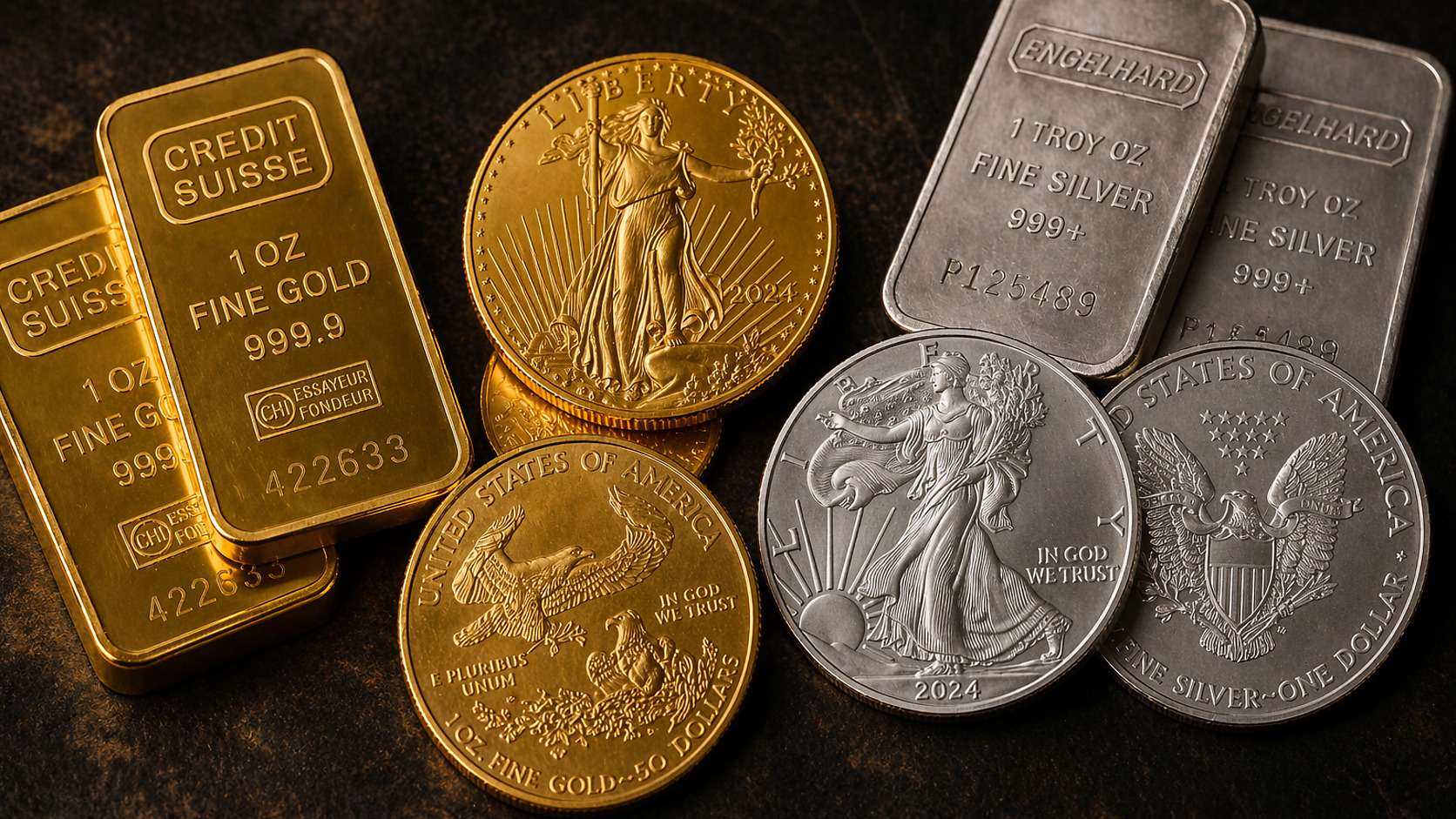 Real investment-grade gold and silver bars and one-ounce bullion coins arranged on a clean white surface