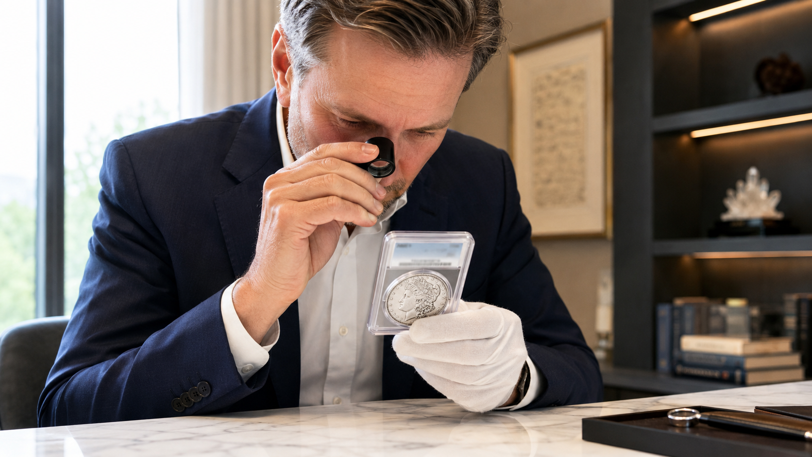 A numismatic professional using a jeweler's loupe to examine a certified 1893-S Morgan silver dollar