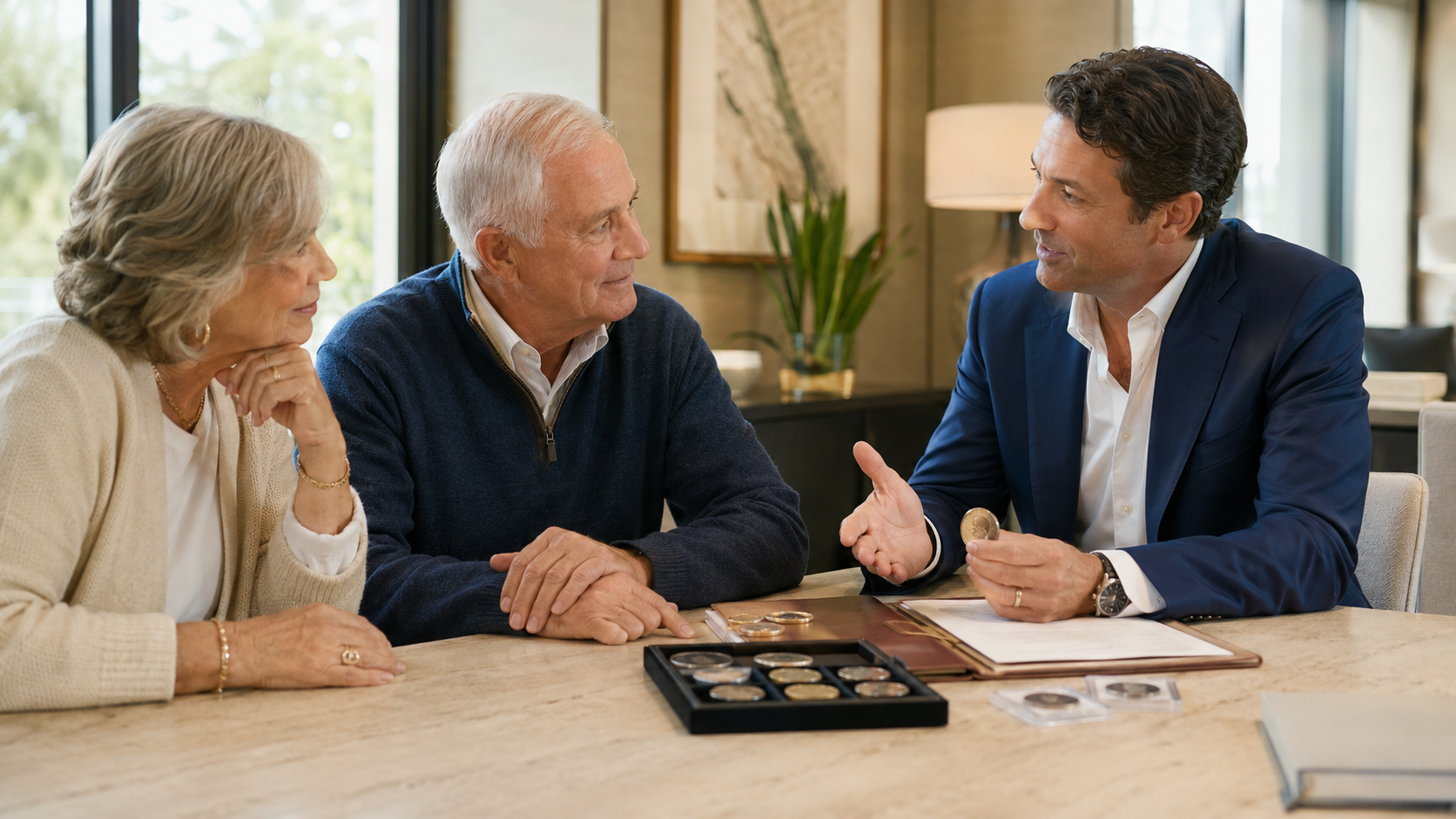 A professional consultant in a blue suit listening to two adults as they review an inherited coin collection together